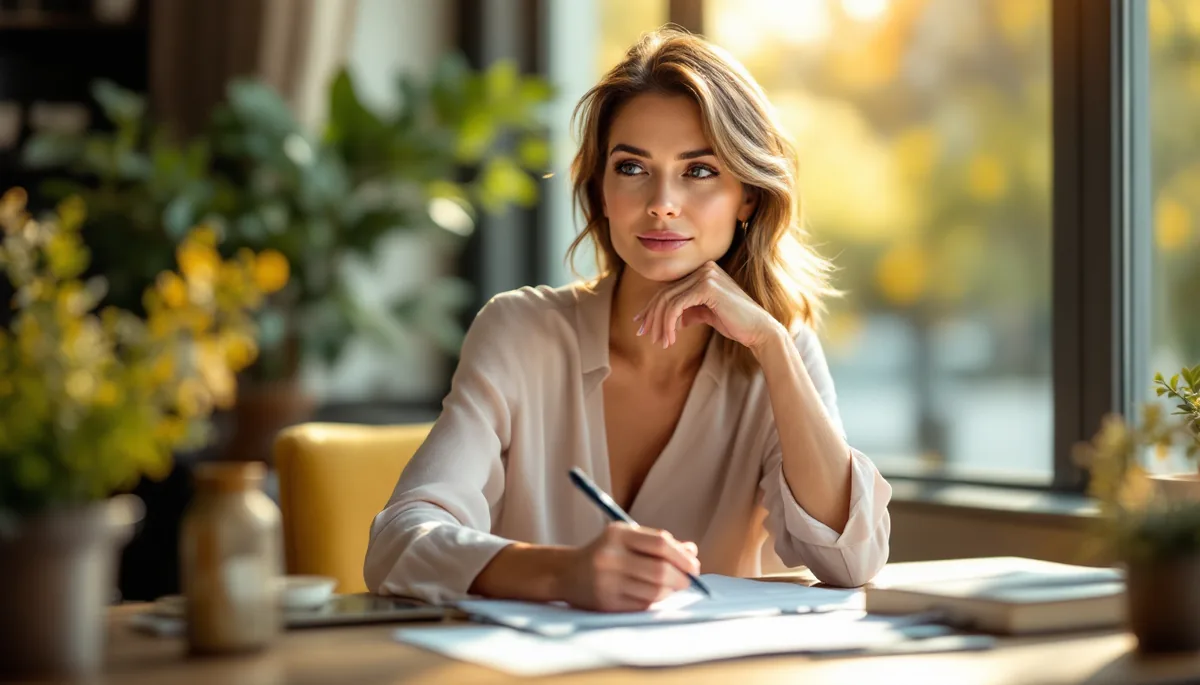 Mulher elegante e confiante em ambiente sofisticado, refletindo serenidade ao tomar uma decisão importante sobre saúde e bem-estar