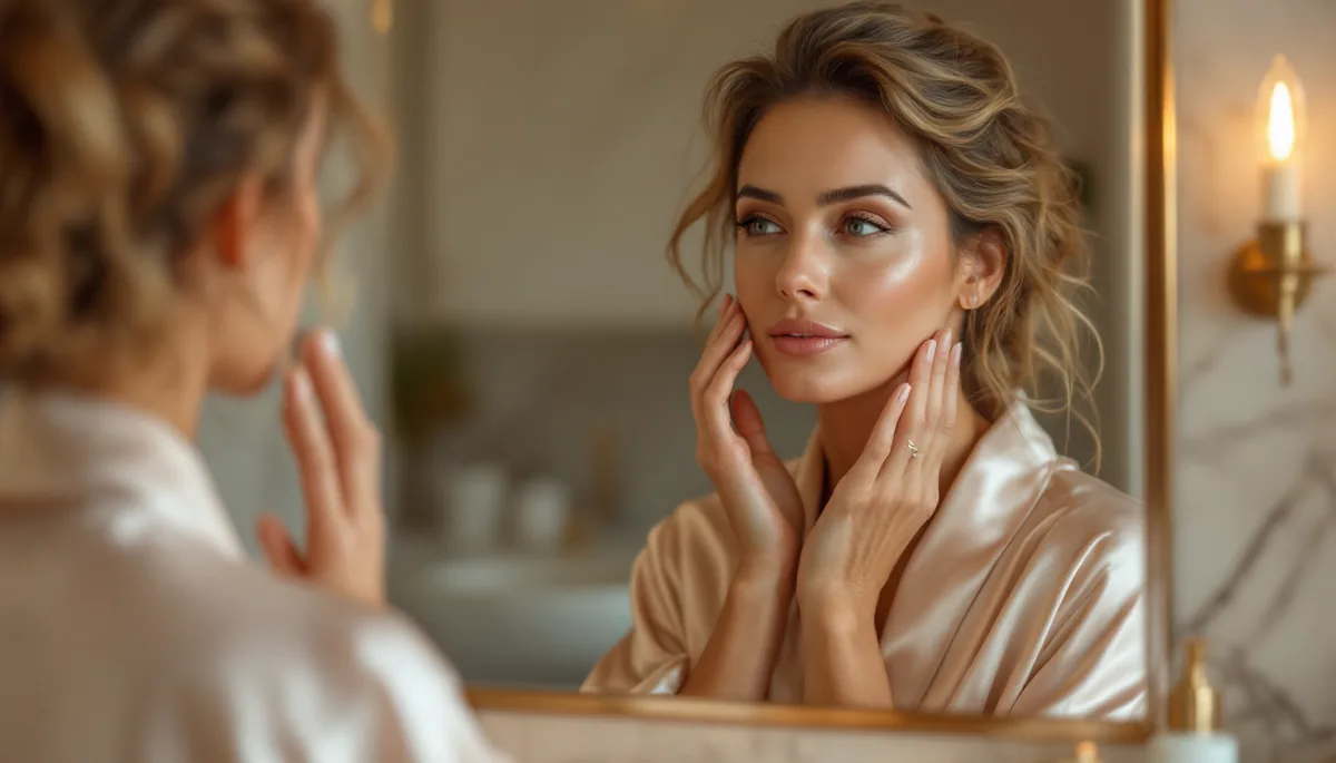 Mulher elegante em ambiente doméstico sofisticado aplicando creme no rosto com expressão serena e cuidadosa